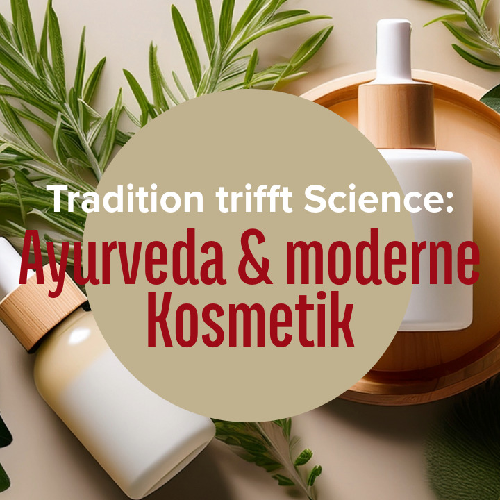 Elegantes kosmetisches Pflege-Setting mit Bhringaraj- und Aloe-Vera-Kräutern, stilvoll arrangiert neben hochwertigen Hautpflege-Tiegeln, natürliche Beleuchtung, Ayurvedische Inspiration.